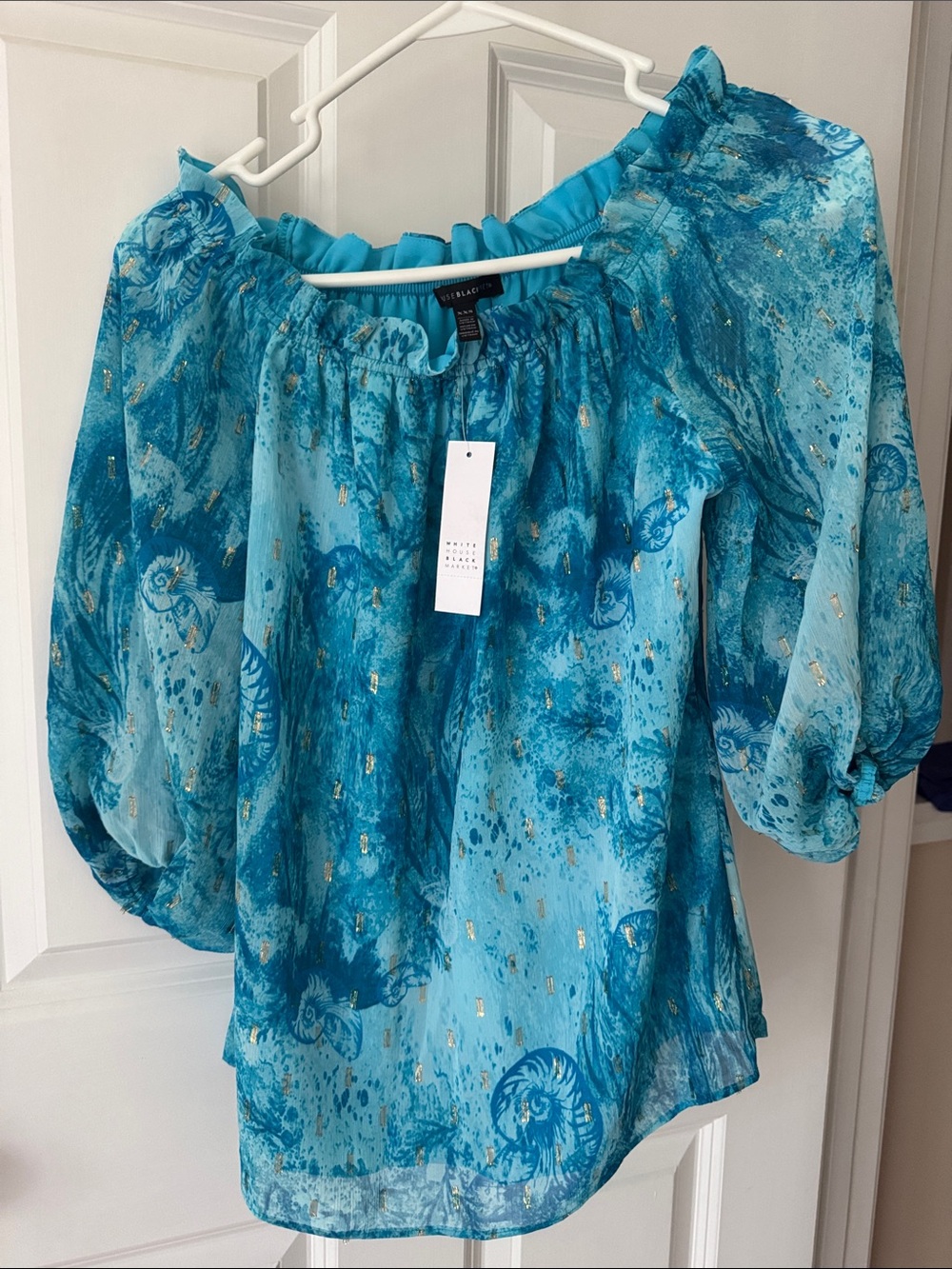 White House Black Market Turquoise Blue Gold-Accent Off-Shoulder Blouse